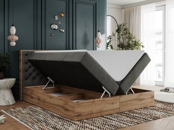 Boxspringbett mit Multipocket-Matratze und Zwei Bettkästen, Doppelbett mit Stauraum - ALBERO 3 - 200 x 200 cm - Dunkelgrau Velours - H4 Bild 3