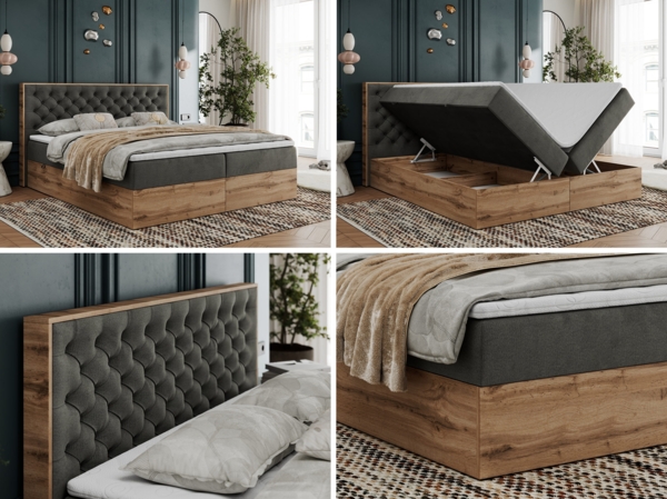 Boxspringbett mit Multipocket-Matratze und Zwei Bettkästen, Doppelbett mit Stauraum - ALBERO 3 - 200 x 200 cm - Dunkelgrau Velours - H4 Bild 2