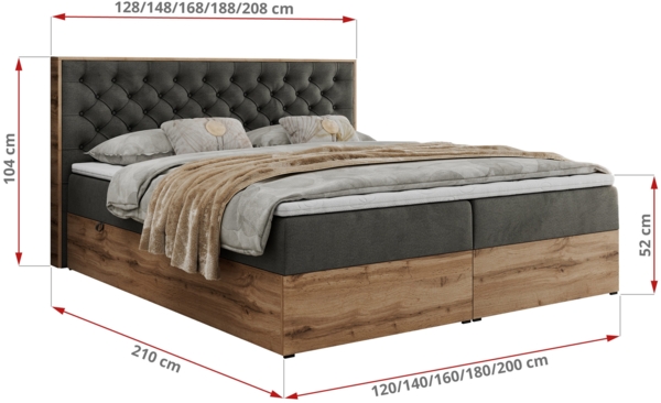 Boxspringbett mit Multipocket-Matratze und Zwei Bettkästen, Doppelbett mit Stauraum - ALBERO 3 - 200 x 200 cm - Dunkelgrau Velours - H4 Bild 6