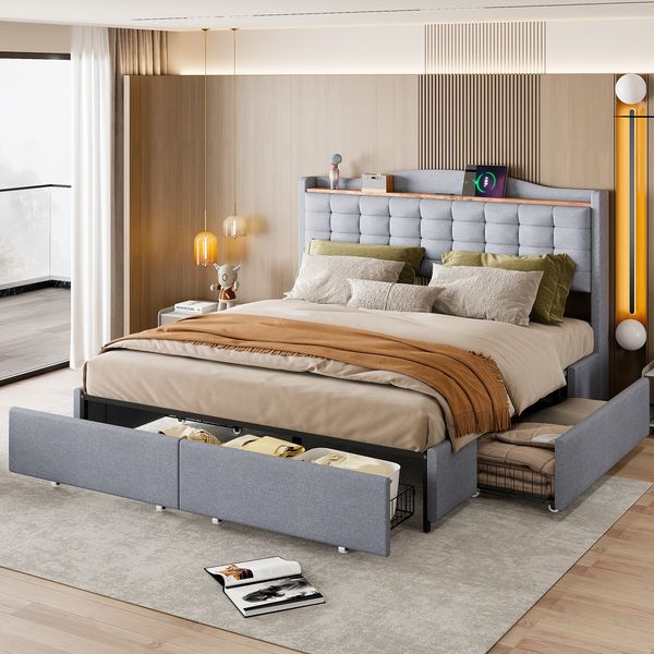 Polsterbett 160*200 cm, Nachttisch mit USB-Ladeanschluss und Ablage, Doppelflachbett mit 4 Schubladen, Leinenstoff Grau