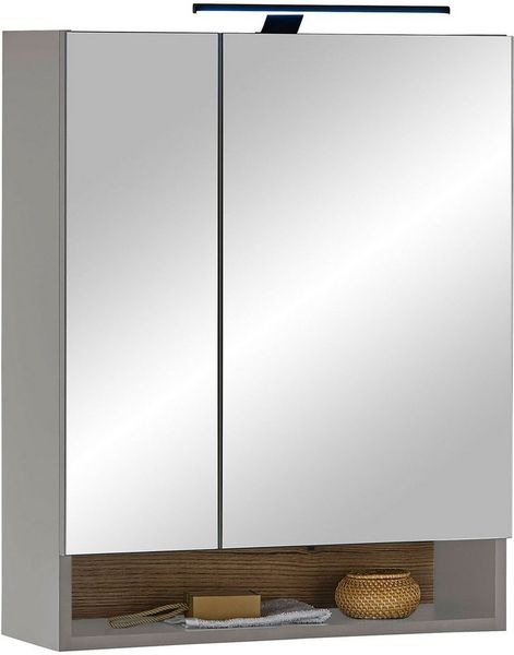 Denver Spiegelschrank Bad mit LED-Beleuchtung in Grau/Evoke Eiche Optik FSC-Zertifiziert - Badezimmerspiegel Schrank mit viel Stauraum - 60 x 75 x 22 cm (B/H/T)