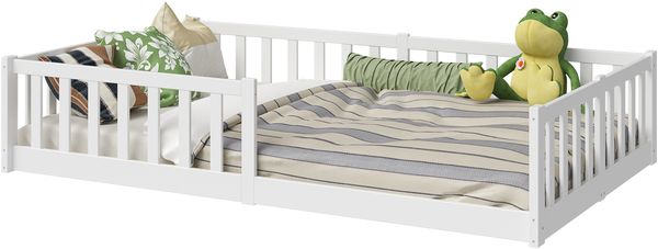 Bellabino 'Vere' Bodenbett 120x200 cm mit Matratze, weiß, Massivholz Kiefer, Montessori Kinderbett mit Rausfallschutz und Lattenrost Bild 12
