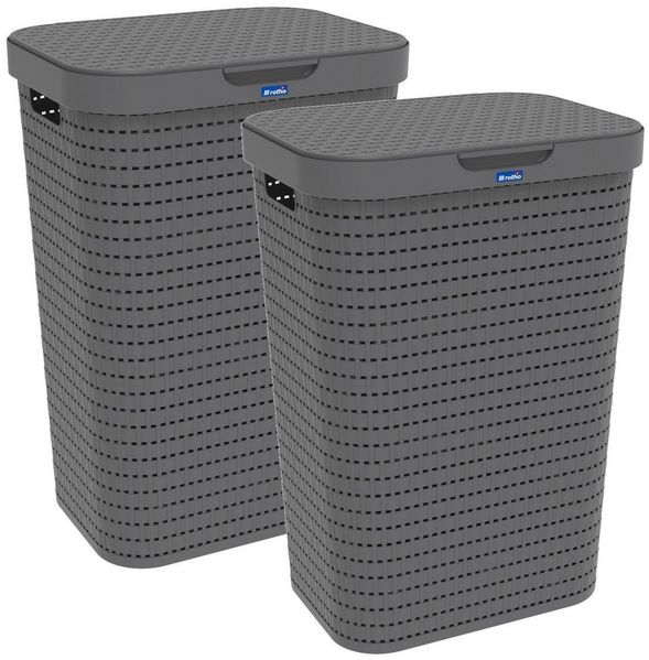 ROTHO Wäschekorb Country 2er-Set Wäschesammler 55l mit Deckel, Kunststoff (Wäschesammlerset, 2er-Set), Belüftung durch Rattan-Struktur verhindert Geruchsbildung
