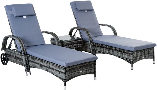 Sonnenliege Gartenliege Tisch 3er-Set Gartenmöbel, Polyrattan+Metall Grau
