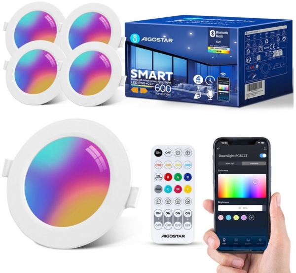 Aigostar LED Einbauleuchte Smart Decken Einbaulampe RGB+CCT Kompatibel mit Alexa Bluethooth Mesh, Ф100-110mm