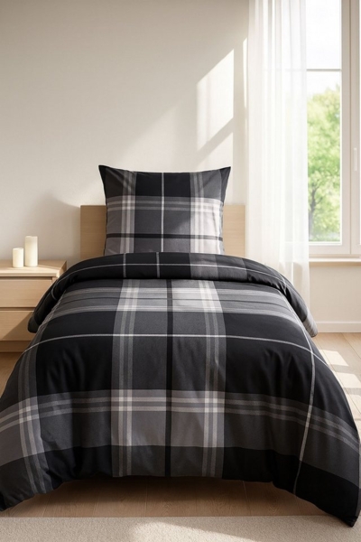 Casa Colori Bettwäsche Biber Bettwäsche 135x200 Anthrazit Grau kariert, Biber, 2 teilig, 100% Baumwolle Bild 1