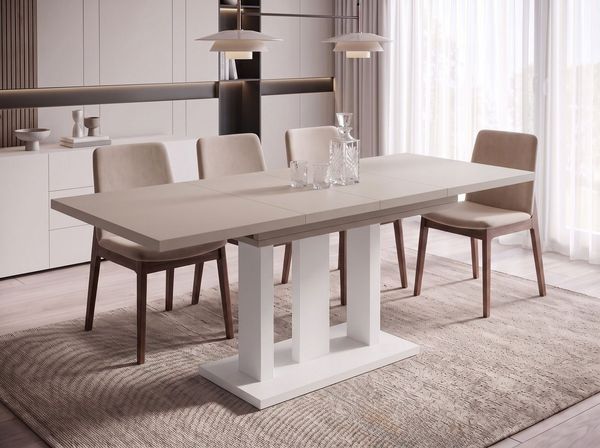 Endo-Moebel Säulen-Esstisch "Appia White" 130-210cm ausziehbar, erweiterbar, modern (1 Tisch), 2 Erweiterungsplatten, für 4, 6 oder 8 Personen, weiße Beine