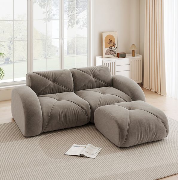 2-Sitzer-Sofa mit Hocker, Chenille, modulares Design, 204 x 171 x 76 cm, Braun