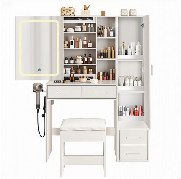 BBWL Schminktisch mit LED-Spiegel, 4 Schubladen & 1 Tür (MDF-Platten, USB-Anschluss), dimmbares Licht, platzsparend & pflegeleicht, mit Hocker