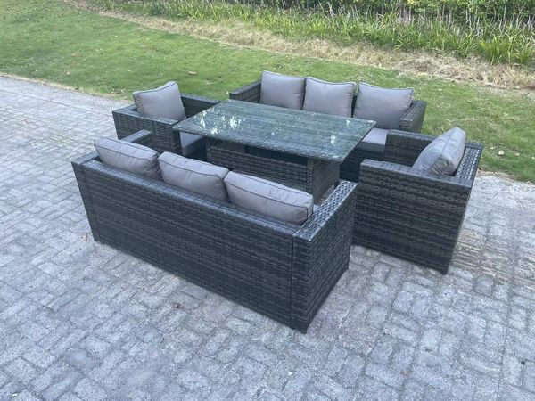 Fimous Outdoor Lounge Sofa Rattan Gartenmöbel-Set Terrassen Sesseln und Rechteckiger Esstisch 8 Sitzer Dunkelgrau gemischt
