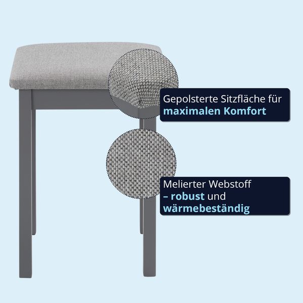 KHG 2er Set Sitzhocker Holzhocker Grau lackiert, Webstoff gepolstert Flur Garderobenhocker Küchenhocker 36 x 36 x 47 cm - Buche Holz Massiv bis 110 kg belastbar - Schminkhocker Landhausstil