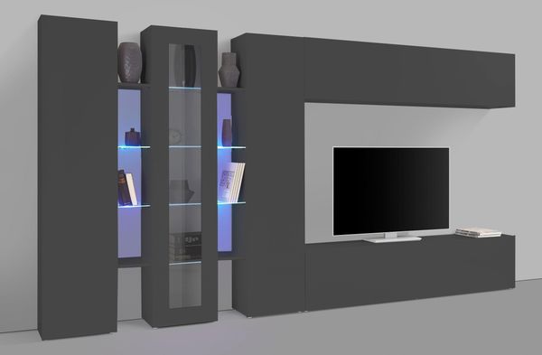 Wohnwand >Benevent< (7-teilig) in Anthrazit matt - 340x180x30 (BxHxT)
