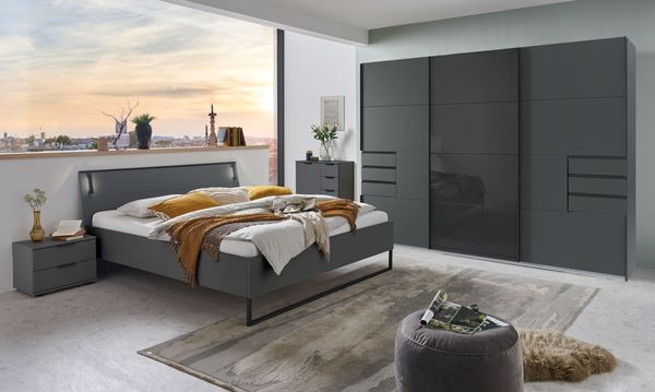 Schlafzimmer-Set >Tilburg< (5tlg.) Bett 168x92x210cm, Schrank, 2 Nachtkommoden, Kommode, Grafit