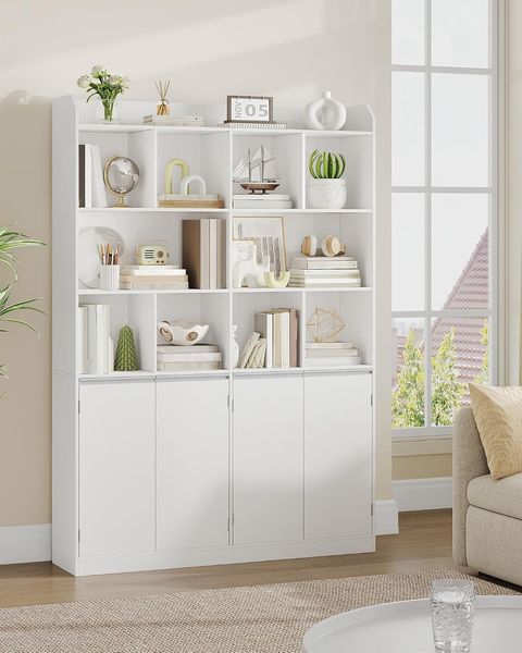 Bücherregal freistehend mit 10 offenen Fächern und 4-türigem Unterschrank, Aufbewahrungsregal, Standregal, für Wohnzimmer Büro Schlafzimmer, 30 × 120 × 180 cm Weiß