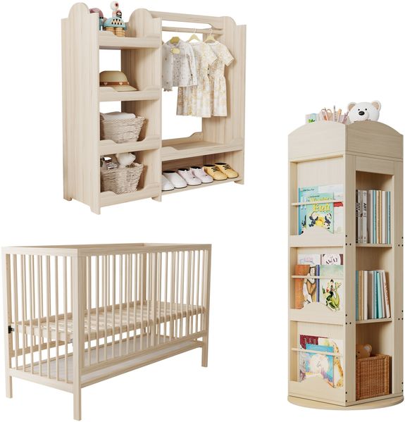 Kinder-Kombi-Möbel: Multifunktionales Holz-Babybett + Schrank + Drehbares Bücherregal, Jugendzimmer-Möbelset, Multifunktionale Möbelkombination, Naturfarben