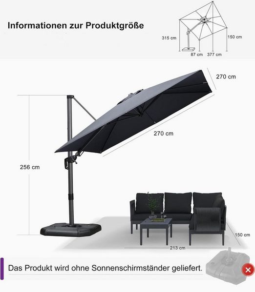 PURPLE LEAF Sonnenschirm Quadratischer Terrassenschirm, Seitlich Neigender Ampelschirm, LxB: 270,00x270,00 cm, 360°Rotation, Sonnenschutz UV50+, für Garten, Terrasse, Pool