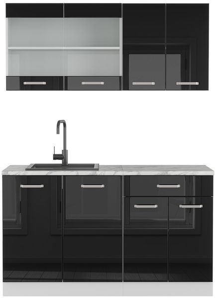 Singleküche R-Line Schwarz Hochglanz/Weiß 140 cm , AP Marmor Vicco