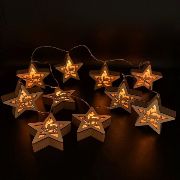Online-Fuchs LED-Lichterkette mit 10 großen Holzsternen, Hologrammfolie und 6-Stunden Timer, Batteriebetrieben, für Innen, Weihnachten - Weihnachtsdeko