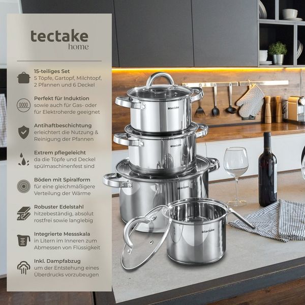 tectake Topf-Set Kochtopfset, Edelstahl, 15-teilig, aus Edelstahl, für Induktion geeignet