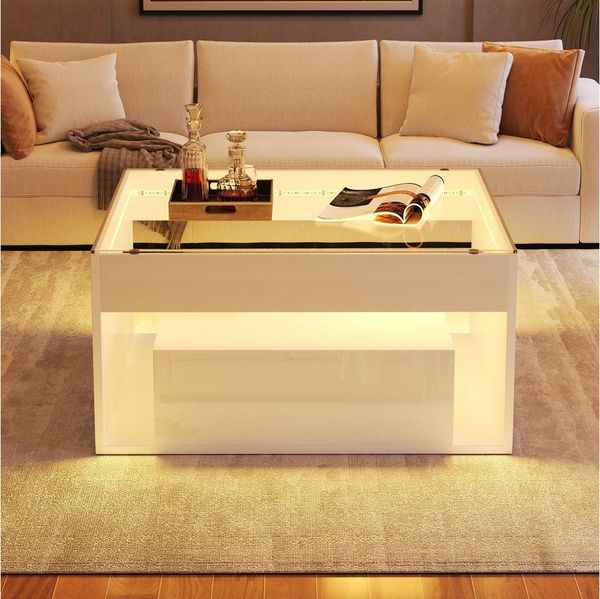 Merax Couchtisch hochglanz Sofatisch Beistelltisch mit LED-Beleuchtung (1-St, ideal für kleine Wohnzimmer), Wohnzimmertisch mit 2 Schubladen & gehärteter Glasplatte, 70x70x35cm