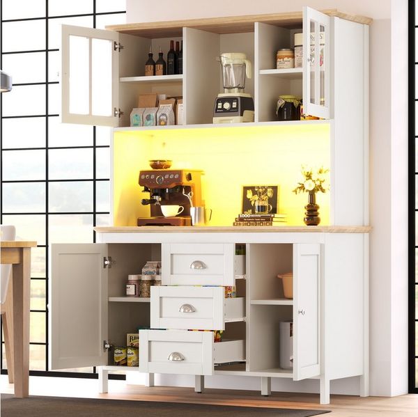 i@home Hochschrank Seitenschrank, Aufbewahrungsschrank, Küchenschrank mit LED-Beleuchtung, 120x40x179cm, 4 Türen & 3 Schubladen,weiß/schwarz