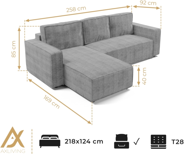 AX LIVING Ecksofa L Form Aydin Cord Schlafsofa Beige Schlaffunktion Bild 6