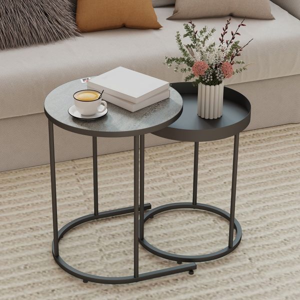 2er-Set Couchtische 42/36,5x42/36,5 x H 54/48,5 cm, stapelbar, MDF in grauer Holzoptik mit Metallgestell