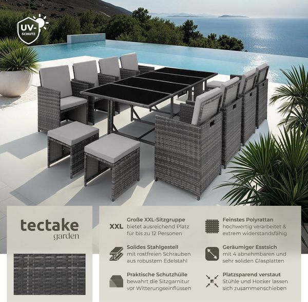 tectake Sitzgruppe Rattan Sitzgruppe, (Set, 12-tlg), für 8 bis 12 Personen