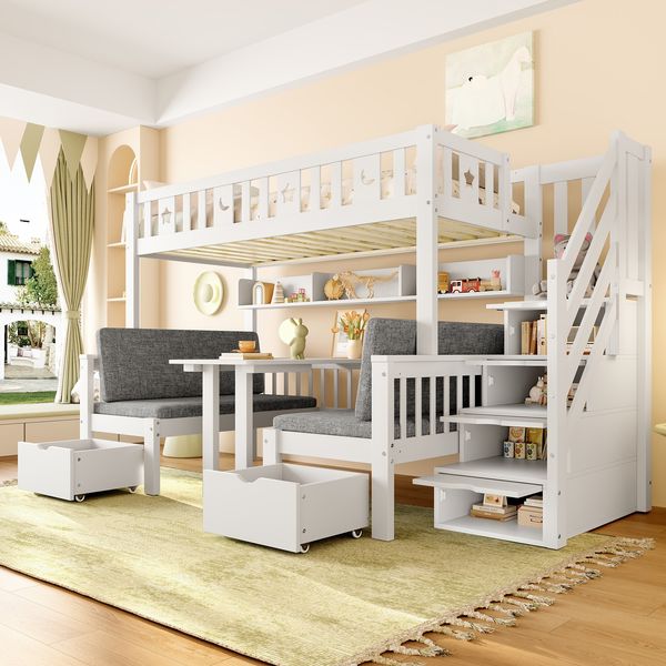 Hochbett 90x200 cm mit Schreibtisch und Stauraumleiter – Kinderbett aus Kiefernholz in Weiß