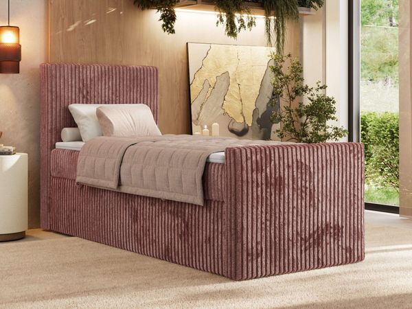 Bett mit Matratze, Boxspringbhett TILIANO DUO 90, Einzelbett 90 x 200 cm, Multipocket-Matratze 7-Zonen-Taschenfederkern - Rosa Cordstoff - H4 - Links - Topper Visco