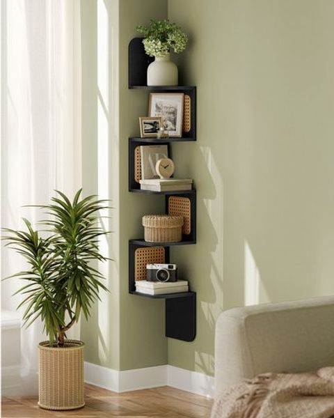 Vasagle Zickzack-Eckregal mit 5 Ebenen, PVC-Rattan-Seitenplatten aschschwarz, 20 x 20 x 126 cm