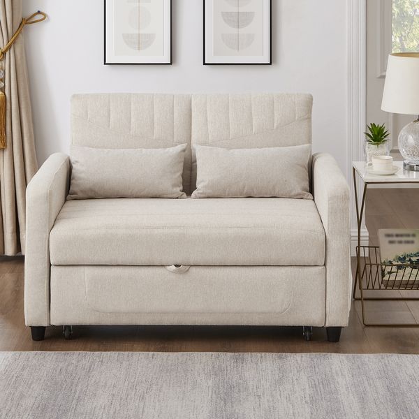 Sofabett 114x77x82,5 cm Beige, ausziehbar mit 3-fach verstellbarer Rückenlehne & Baumwoll-Leinen
