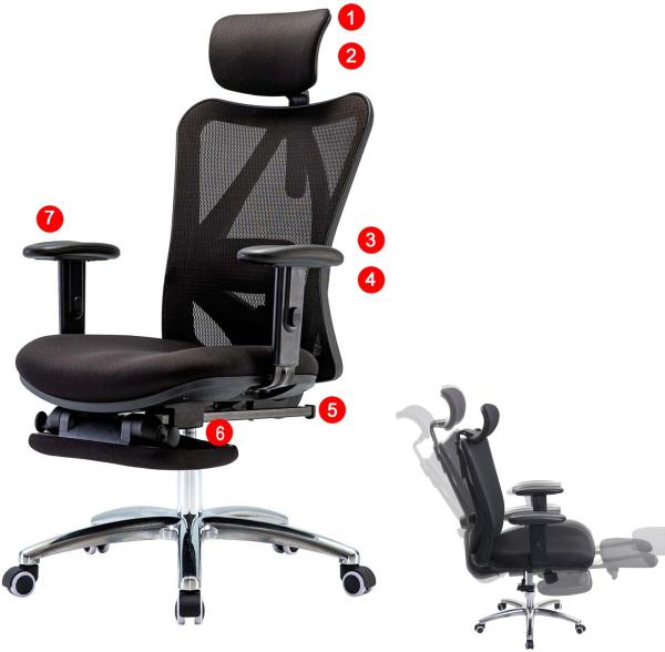 Bürostuhl HWC-J86, Schreibtischstuhl, ergonomisch, verstellbare Lordosenstütze 150kg belastbar ~ mit Fußstütze, schwarz