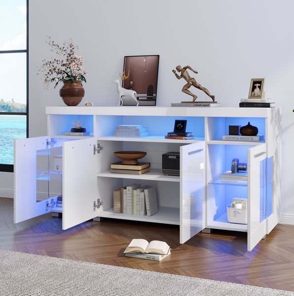 Beistelltisch Sideboard 140x40x70 cm, weiß mit LED-Beleuchtung & Glasfronten