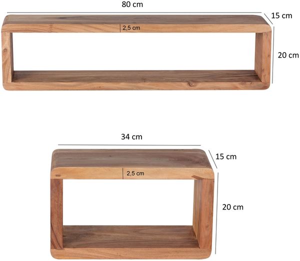 Wohnling Design Wandregal 3er Set Massiv Holzregale Akazie Landhausstil Bild 8