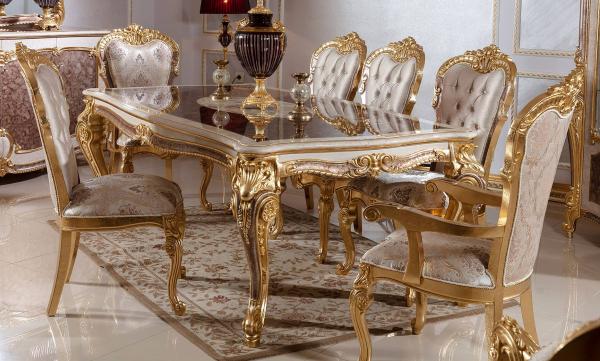 Casa Padrino Luxus Barock Esszimmer Set Weiß / Silber / Braun / Gold - 1 Barock Esstisch & 6 Barock Esszimmerstühle - Barock Esszimmer Möbel - Edel & Prunkvoll