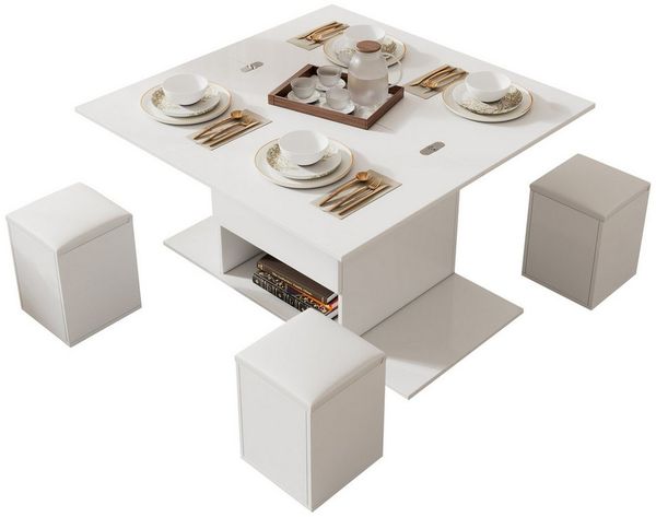 KLAM HOME Couchtisch Höhenverstellbarer Couchtisch Mit Anhebbarer Tischplatte Und Stauraum (Multifunktionaler Wohnzimmertisch In Weiß Mit 4 Integrierten Hockern), Moderner Esstisch Und Arbeitstisch 100x100cm