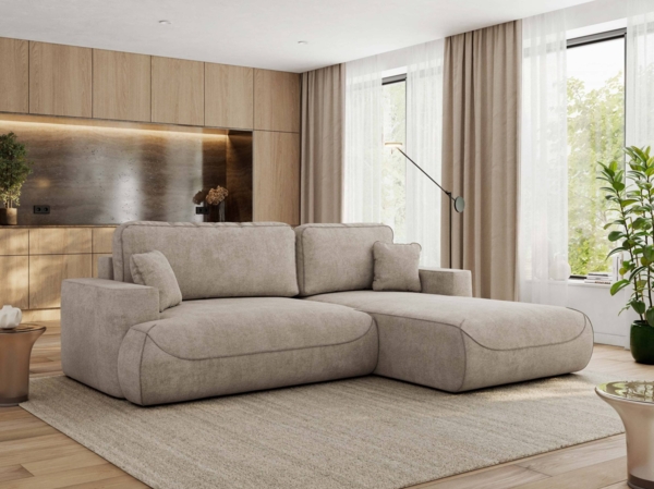 Ecksofa OVO mit schlaffunktion und bettkasten, Wellenfeder, lose Kissen, L-form 271x195 cm - Beige Struktur - rechte Seite