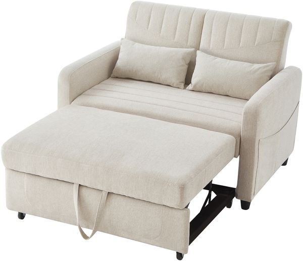 Flieks 2-Sitzer Schlafsofa mit Schlaffunktion, ausziehbares Sofa Bett, 3-fach verstellbare Rückenlehne, Baumwoll-Leinen-Bezug, inkl. 2 Kissen, Beige