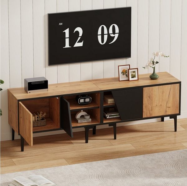 Merax Lowboard in Naturholz und Schwarz (1 St), TV-Schrank mit 4 Fächer, 7 Stützbeine & diagonale Türen, 160×36,5×45cm