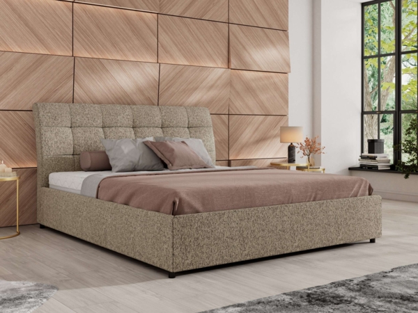 Polsterbett mit Lattenrost Gasfeder Doppelbett GALA CLASSIC gepolstert Kopfteil Bettkasten - 140x200 cm - Dunkelbeige Strukture