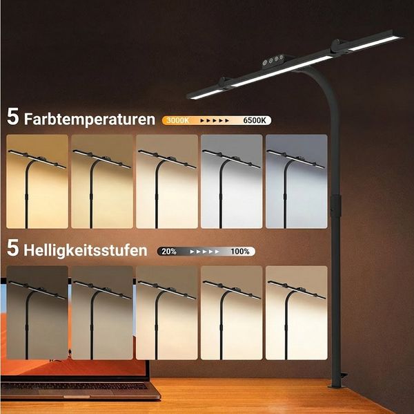 Sunicol Schreibtischlampe LED Dimmbare Augenschutz tageslichtlampe mit 5 Farbmodi,Timer, 75cm, LED fest integriert, Touch-Steuerung, Memory-Funktion,24W, Monitor Lampe mit Klemme