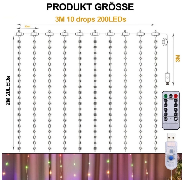 Qualra LED-Lichtervorhang 100/200/300LEDs 8 Modi Lichtervorhang Fenster Innen Weihnachten, 3x1M/3x2M/3x3M USB mit Fernbedienung Vorhang Lichterkette Bild 3