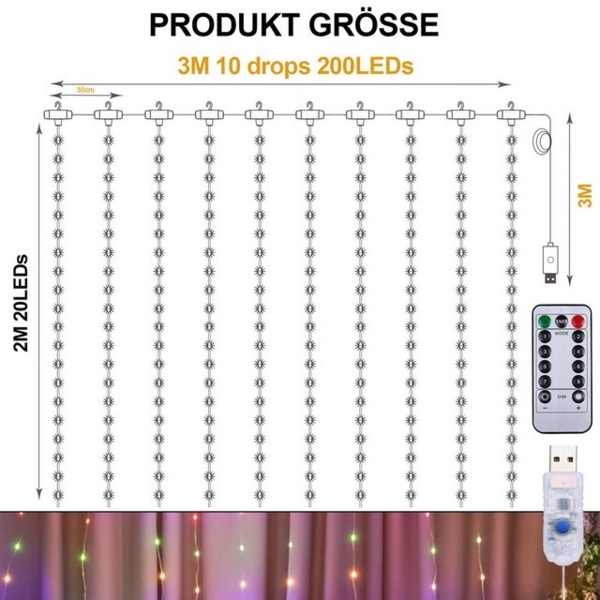 Qualra LED-Lichtervorhang 100/200/300LEDs 8 Modi Lichtervorhang Fenster Innen Weihnachten, 3x1M/3x2M/3x3M USB mit Fernbedienung Vorhang Lichterkette Bild 4