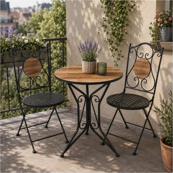 HTI-Living Garten-Essgruppe Sitzgruppe Metall Bistro Set mit Motiv Holz für Balkon und Terrasse, (Set, 3-tlg, 1 Tisch 2 Stühle), Sitzgruppe Essgruppe Balkonset