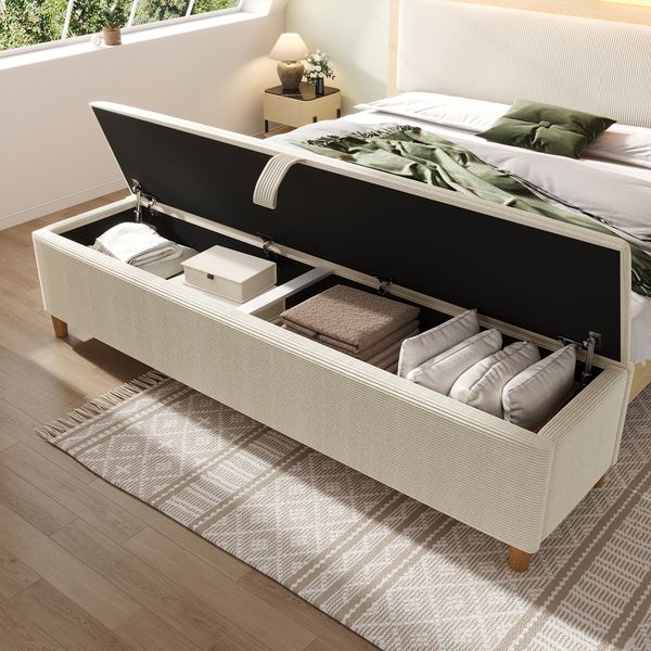 Bettbank, Mit hydraulischem Stauraum, Aufbewahrungsbox, Für Schlafzimmer, Wohnzimmer, Flur geeignet, Cord, Beige, 175 x 38 cm
