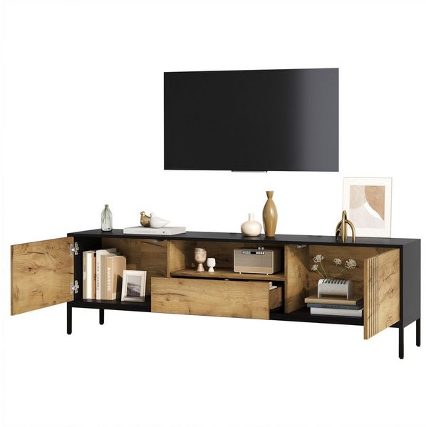 BlingBin Lowboard TV-Schrank Fernsehtisch TV-Ständer (1 St, mit 2 Schränke, 1 Schublade und Offener Stauraum), 170×35×50 cm, für Fernseher bis zu 70 Zoll, Holzfarbe+Schwarz