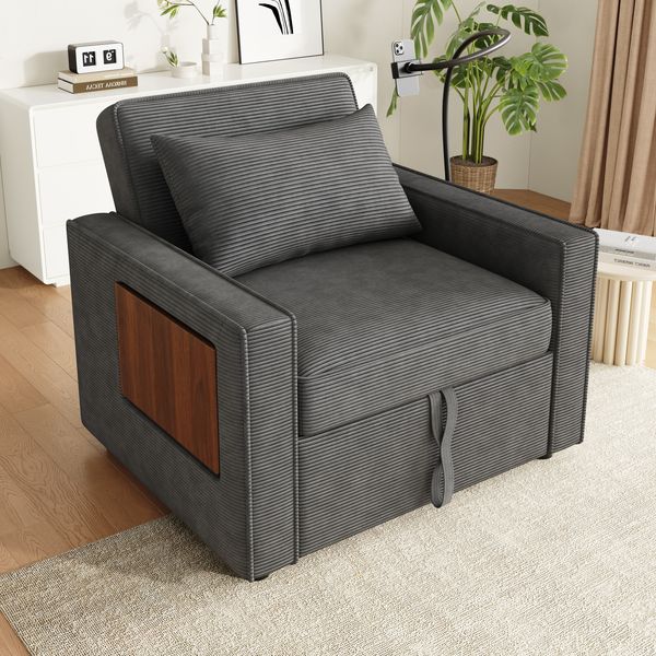 Multifunktionales faltbares Schlafsofa mit USB-Ladeanschluss und Handyhalter, 1-Sitzer Relaxsessel Sofa Bett umwandelbar, Grau