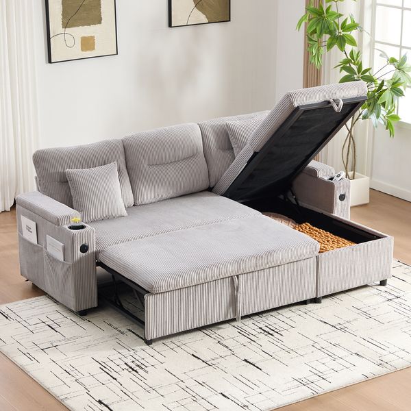 Sofa 212,5x136x86 cm Hellgrau, Cord, mit Stauraum, USB-C, Chaiselongue und Schubladenbett