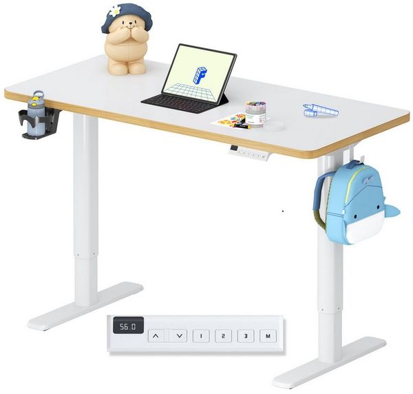 FLEXISPOT Schreibtisch Kinderschreibtisch Höhenverstellbar (16mm Abgerundete Tischecken, LED-Display & 3 Speichertaste), MIT 2xHaken& 1xBecherhalter, Kindersicherung
